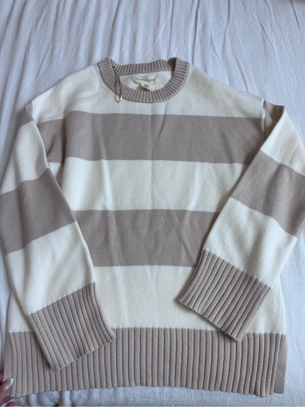 Beige and Cream Striped Crewneck Sweater